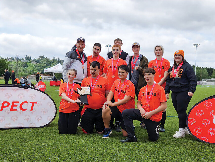 The Battle Ground High School unified Soccer team earned the school&rsquo;s first trophy with a third-place finish at state on May 25. The team consisted of partner Sarah Shoote, athlete Ayden Lavin, athlete Victor Madewell-Pickell, athlete Josh Sieng, partner Dominic Dodge, partner Seth Reese, athlete Jason Sperling, athlete Luke Dahl, head coach Jason Otto, assistant coach Tanner Casaw and assistant coach Jaycie O&rsquo;Sullivan.
