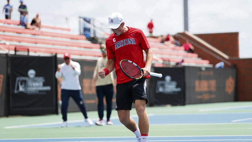 Colton Smith reacts after clinching a spot in the NCAA Singles Championships semifinals in Stillwater, Oklahoma, on May 23.