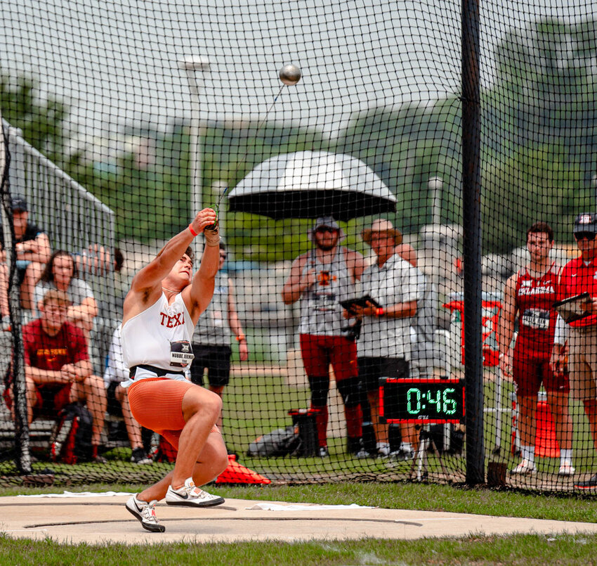 Texas' Jeremiah Nubbe competes in the hammer throw during a track and field meet this season. Nubbe, a Rainier High School graduate, is in two events at the 2024 NCAA Outdoor Championhsips this week at Hayward Field in Eugene.