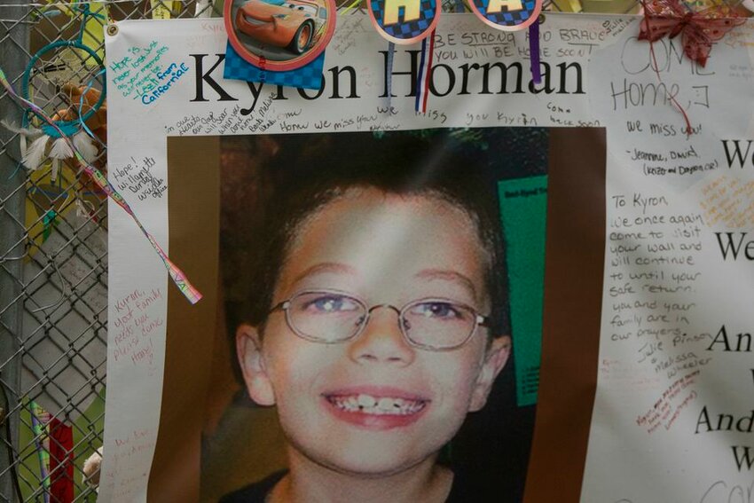 A banner on display at Tualatin Valley Fire and Rescue Station on the 10 anniversary of Kyron Horman's disappearance.