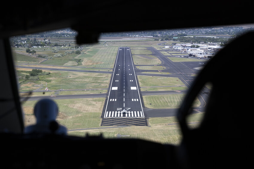 A plane can be seen from the cockpit of a 757 research plane sitting at the beginning of the runway at the airport in Yakima.  Honeywell technical experts are demonstrating the Surf-A technology that warns pilots coming in to land if there is another plane on the runway and a collision is likely.