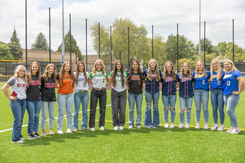 The Chronicle&rsquo;s All-Area 2024 softball team from left, Avalon Myers, Quyn Norberg, Peyton Holter, Brooklynn Swenson, Layna Demers, Ella Ferguson, Jamie Haase, Makayla Chavez, Tylar Keeton, Lauren Matlock, Lauren Emery, Kendall Humphrey, Danika Hallom, Ava Simms pose for a photo at Bob Peters Field on Tuesday, June 11. Not pictured: Staysha Fluetsch and Lena Fragner.