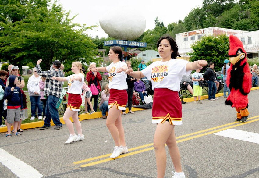 Winlock High School cheerleaders dance to the school&rsquo;s fight song in the June 2023 Egg Days parade in Winlock. Last year&rsquo;s parade theme was &ldquo;The Year of the Egg.&rdquo;