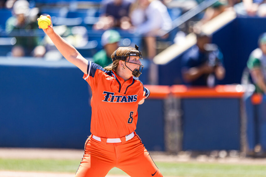 Cal State Fullerton's Haley Rainey fires a pitch during a game this spring. Rainey, an Adna alum, was named as the Big West Pitcher of the Year this season.