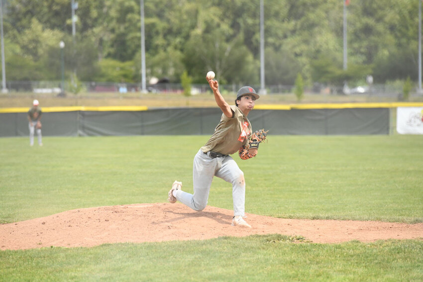 RBI's Tre Groninger throws a pitch against the Battle Ground Lookouts in the Dave Orzel Memorial Tournament championship game, Sunday, at Castle Rock High School.