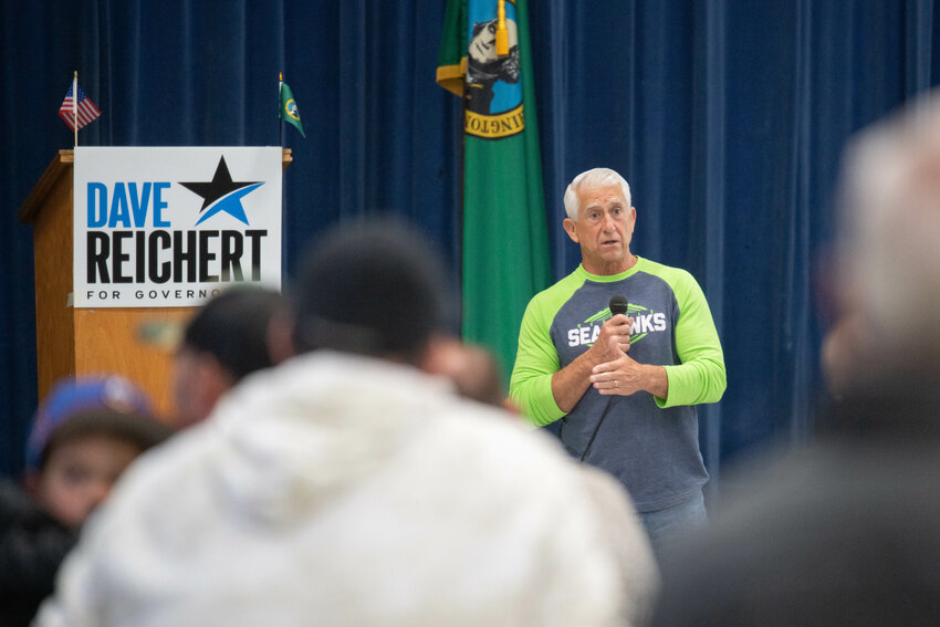 Washington Gubernatorial candidate Dave Reichert gives a speech at Adna High School on Saturday, June 15.