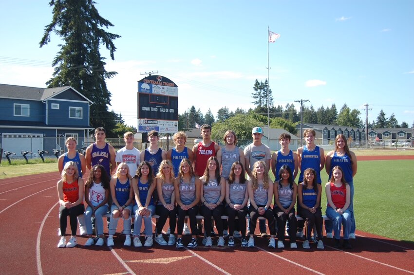 Members of the 2024 Lewis County All-Area Track and Field team pose for a photo at Centralia High School&rsquo;s Tiger Stadium. Athletes pictured in the front row, from left: Keira O&rsquo;Neill, Victoria Sancho, Megan Price, Sorena Neilson, Ashlen Gruginski, Joy Cushman, Amanda Bennett, Shelby Hazlett, Emily Mallonee, Leslie Morales, Mercedies Dupont, and Brynn Williams. In the back row, from left: Karsyn Freeman, Justice Miller, Austin Lyons, Carter Phelps, Tyler Price, Jorden Mckenzie, Lucas Hoff, Clark Henderson, Jordan Stout, Gunnar Morgan, and Lillian Boyd. Not pictured: Caleb Busse, Colin Shields, and Tony Belgiorno.