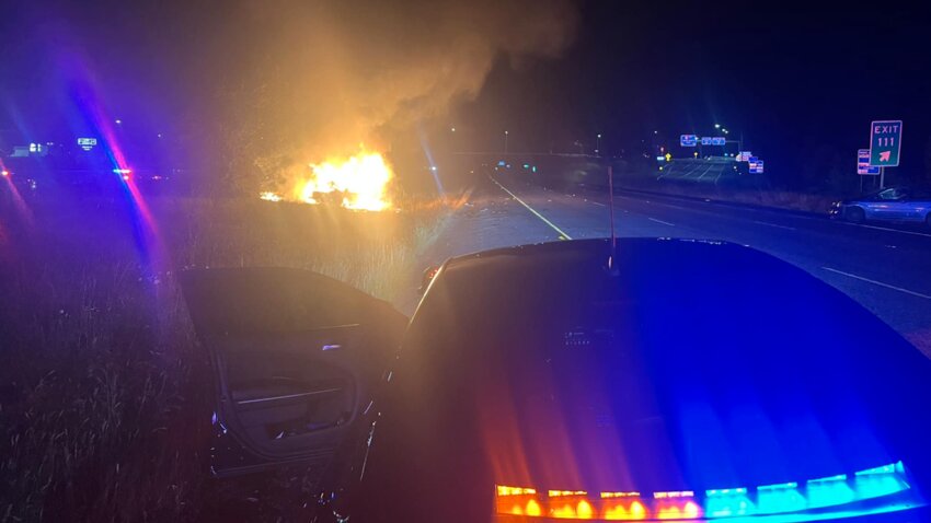 Thurston County Sheriff Derek Sanders shared a photo on Facebook of a fiery three-vehicle wreck on Interstate 5 near Marvin Road Northeast early Thursday morning. This photo was taken after law enforcement confirmed all occupants had exited the vehicles, he said.