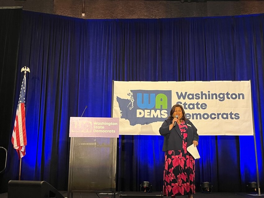 Washington State Democratic Chair Shasti Conrad speaks at the state party convention on Saturday in Bellevue.