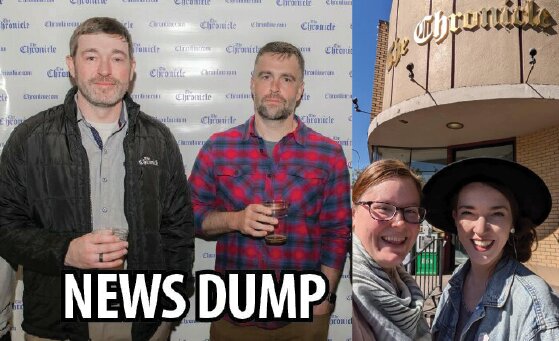 News Dump hosts Eric Schwartz and Aaron VanTuyl, left, and the Centralia Downtown Association's MacKenzie McGee and Hallie Ralls.