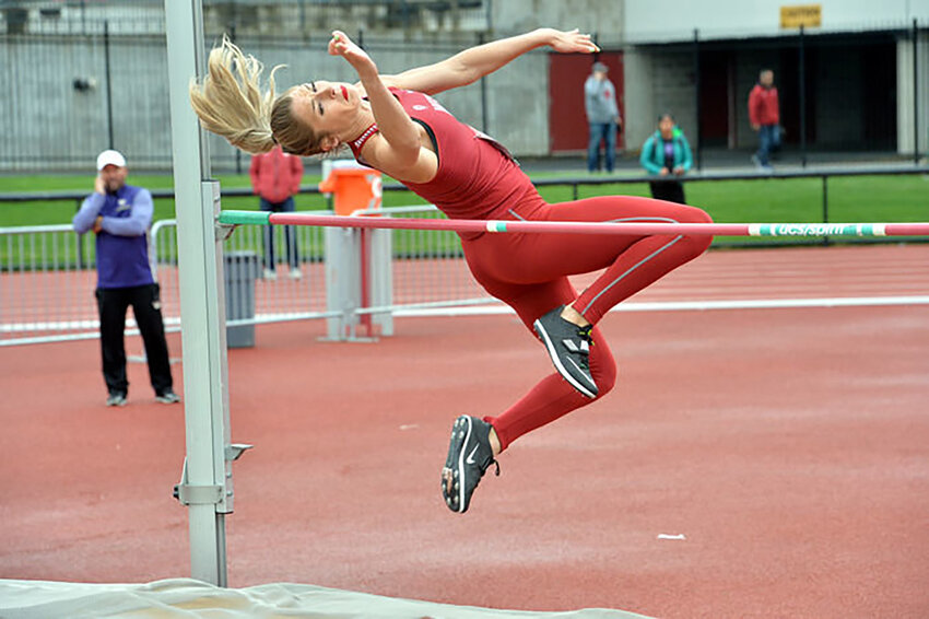 WSU's Alissa Brooks-Johnson competes in the high jump while competing in the heptathlon during the 2018 NCAA track season.