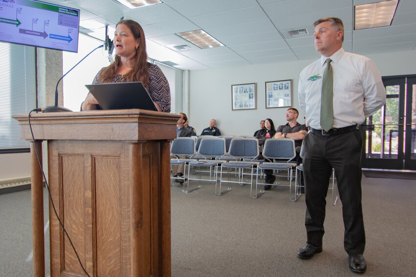 Aviation Planning Group project manager Leah Whitfield talks the Chehalis City Council through the Chehalis-Centralia Airport master plan update alongside Airport Director Brandon Rakes during the council's meeting at Chehalis City Hall on Monday, June 24.