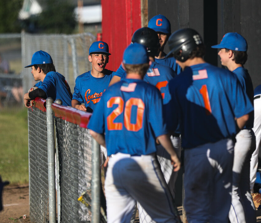 Members of the Centralia summer baseball team celebrate taking the lead over Tenino in Game 1 of a doubleheader on Monday, July 1 at Tenino High School.