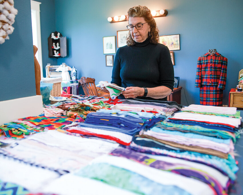Phyllis Hyatt, an 80-year-old retired Ridgefield school teacher and sewing instructor, now makes quilts for sight-impaired youth with a stockpile of fabrics and materials she has accumulated over the years.