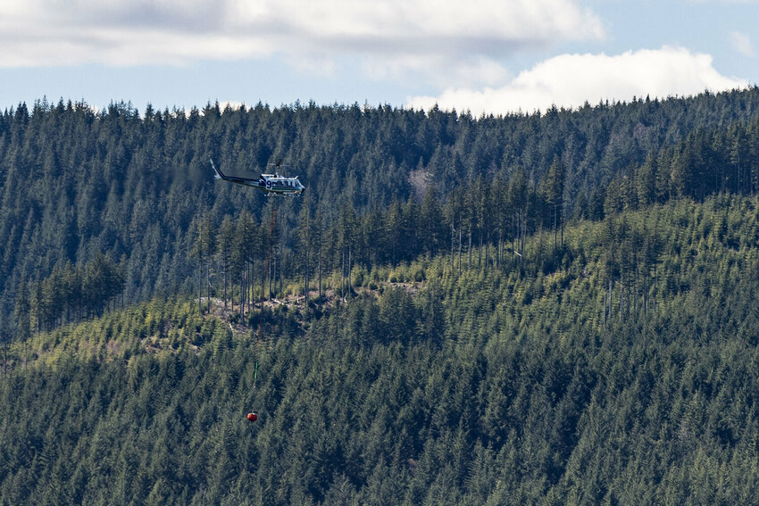 A helicopter flies to a drop point during the DNR aviation exercise in the Capitol State Forest on Wednesday, April 17.