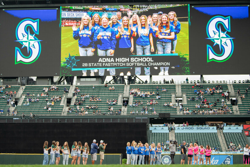 The Adna softball team is honored for their 2024 2B State Championship by the WIAA before a Mariners game at T-Mobile Park in Seattle on Monday, July 22. The team finished off its championship season with a 13-5 win over Warden at the Gateway Sports Complex in Yakima on Saturday, May 25. In addition to being Adna&rsquo;s second straight state championship, it&rsquo;s the Pirates&rsquo; third in the last four state tournaments, and the 11th in school history, according to the WIAA website.