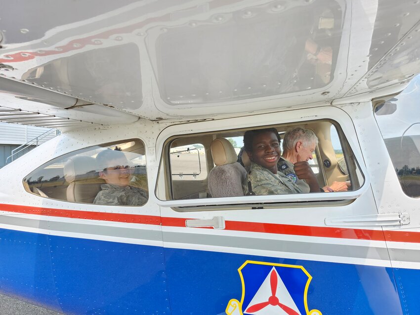 Cadet Daniel Idris gives a thumbs up before takeoff at the Chehalis-Centralia Airport on Sunday, July 11.