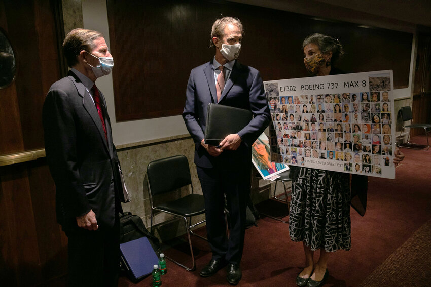U.S. Sen. Richard Blumenthal (D-CT) talks with Michael Stumo and Nadia Milleron, parents of Samya Stumo, killed in the March 10, 2019 crash of Ethiopian Airlines Flight 302, at a hearing attended by Federal Aviation Administration (FAA) chief Steve Dickson examining safety certification of jetliners on June 17, 2020 in Washington, DC.