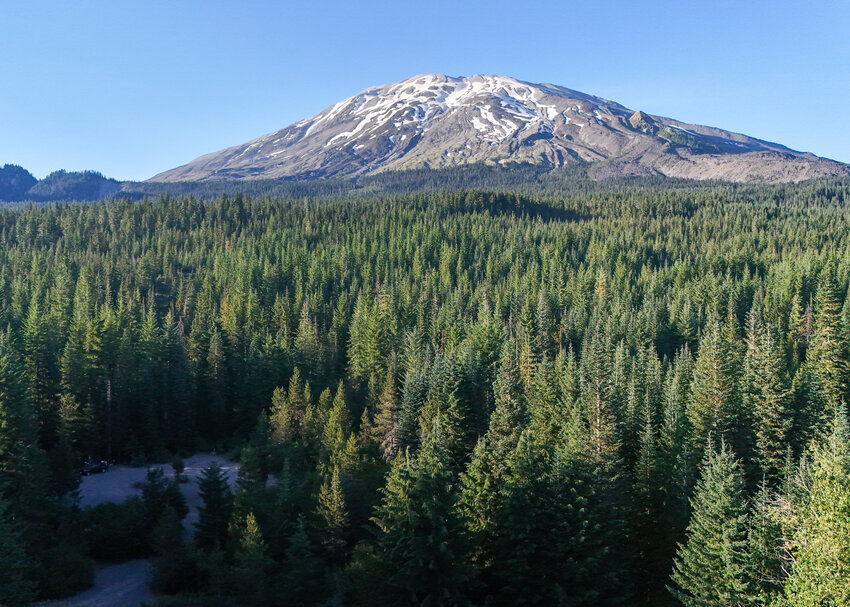 The primitive campsite along the 8100 Road in the Mount St. Helens National Volcanic Monument, lower left, is just over 2 miles from the timberline of Mount St. Helens. The less-traveled southern side of the mountain provides peaceful recreation and camping to visitors.