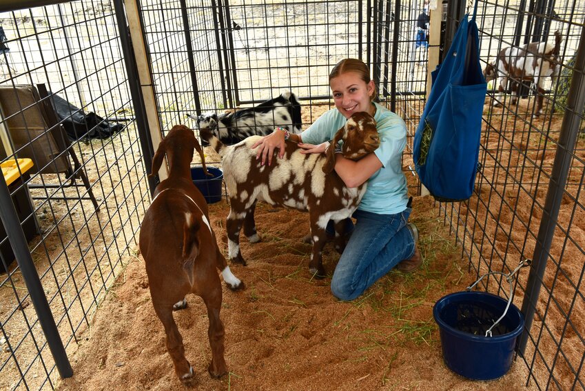 Emmy Huttmann poses with her goats at the Thurston County Fair last week.