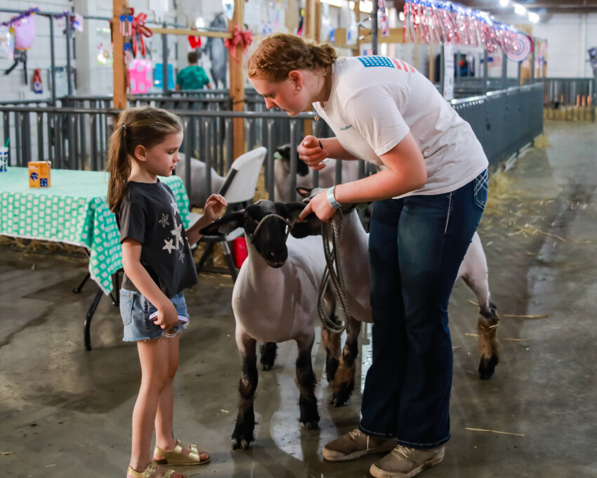 Julia Clark lets a young fairgoer pet her market lambs on Thursday, Aug. 8, at the Clark County Fair.