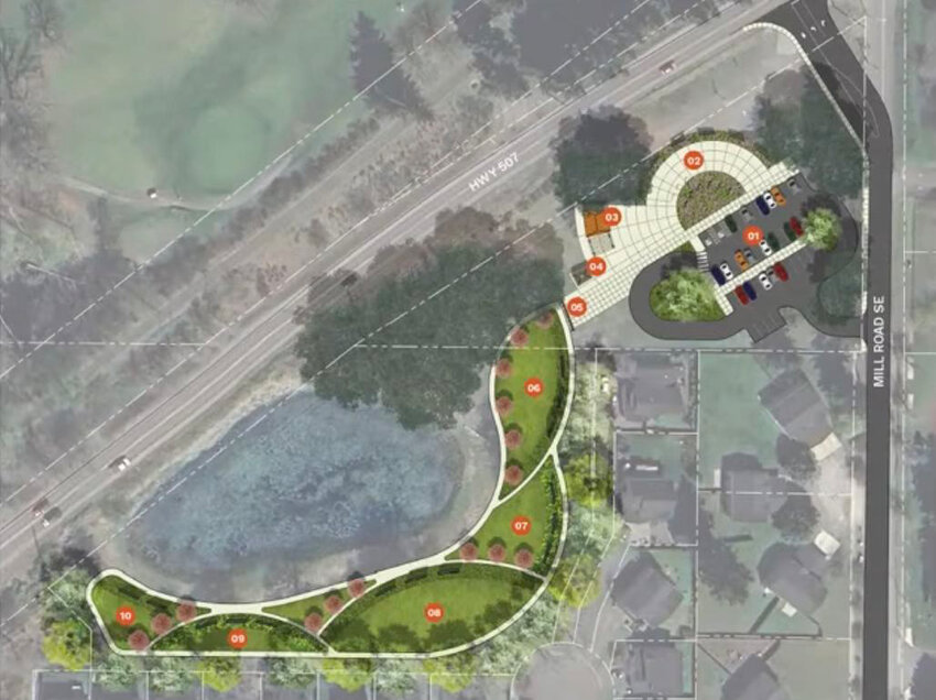 A conceptual design outlines what a potential veterans memorial park on Mill Road would look like.