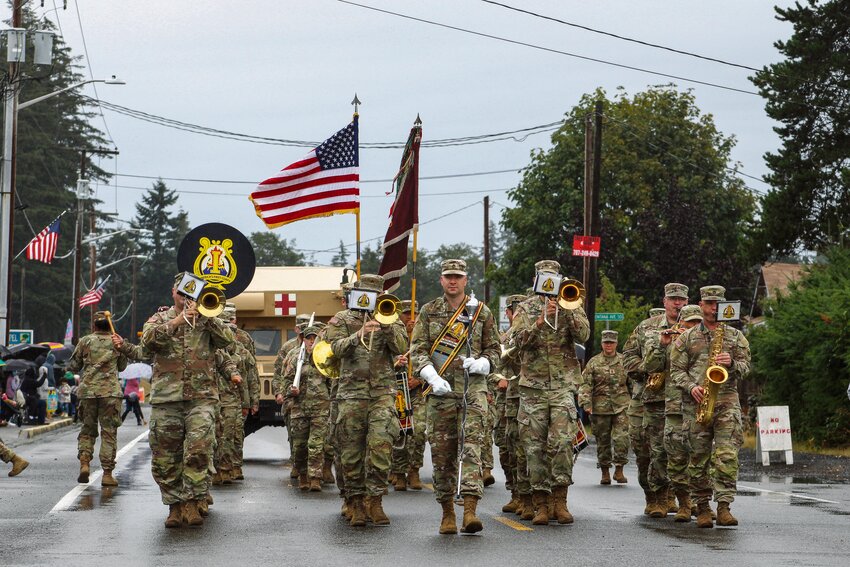 America's First Corps Band marches down state Route 507 at the Rainier Round-Up Days Parade on Aug. 24.