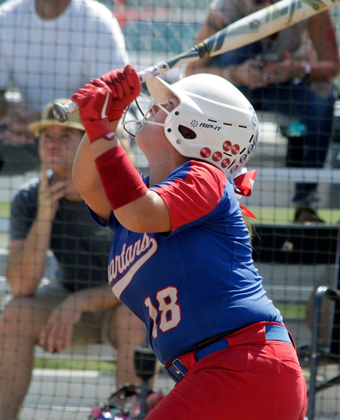 Jade Mickle, a Moberly softball third baseman, looks up at her swing Saturday that resulted in an infield pop-out during the Lady Spartans 7-6 victory against Schuyler County at the Cairo Tournament. Madyson Klosterman belted a two-out, 3-run homer in the bottom of the 7th that game to send Moberly into the championship contest where they defeated Community R-VI by a 5-4 score.