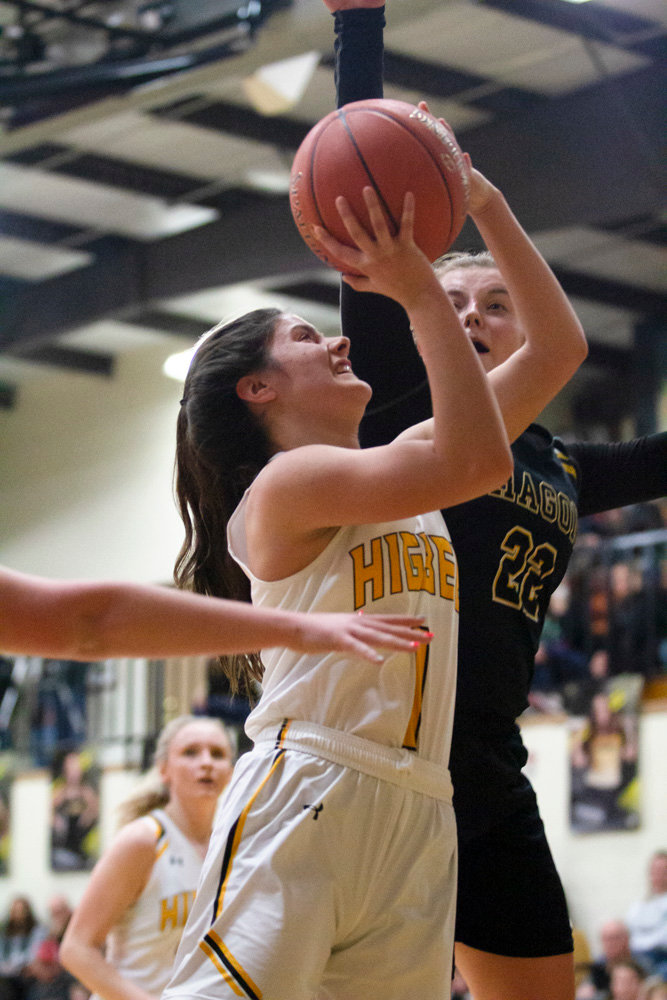 Higbee’s Ronnie Welch goes for the shot. Welch led all scorers with 22 points in the Lady Tigers’ win.
